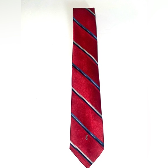 YSL Men's Red Striped Silk Neck Tie - Picture 3 of 10